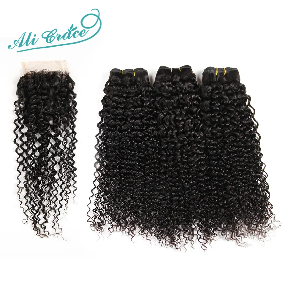 

Brazilian Kinky curly virgin hair with closure 1B Black hair weave  3bundles with lace closure middle/free part cheap wholesales