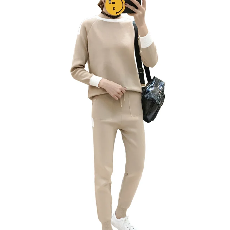 

Autumn Women's Suit Two Piece Set O Neck Long Sleeve Knitting Pullover Sweater Top Female High Waist Wide Leg Pants 2018 Fashion