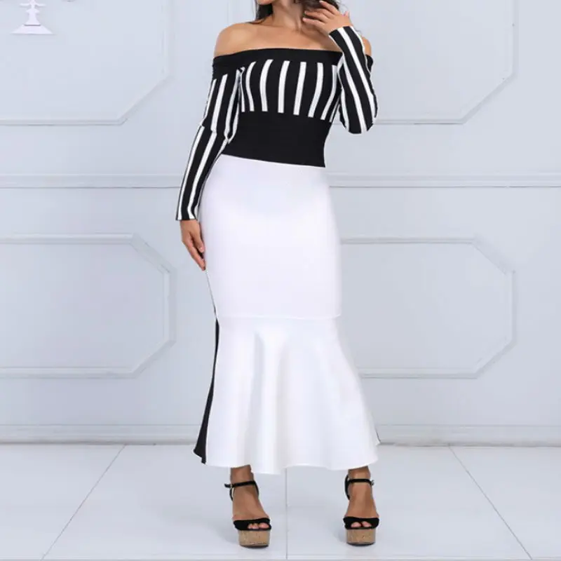 

2017 New fashion sexy autumn women dress black white striped slash neck celebrity evening club party trumpet bandage dresses