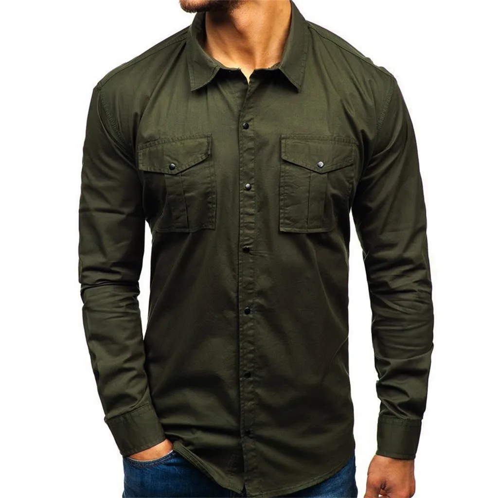 

2019 Military Shirt Long Sleeve Multi-pocket Tooling Multi-Pocket Shirts Brand Clothes Army Green Camisa Masculina Top Blouse