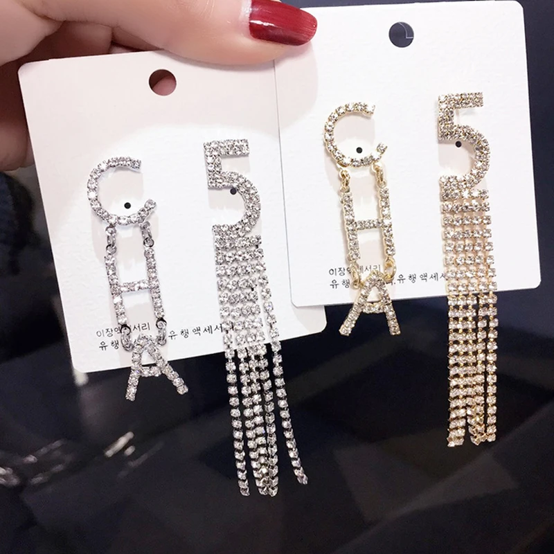 

Women Rhinestone Letter Luxury Earring Bling Bling NO5 Letter Long Tassel Earring Gift for Love Fashion Jewelry Accessories