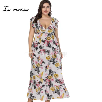 

Plus Size 2020 Women Summer Elegant Casual Sweet Print Sundress Fashion Sexy Maxi White Dress