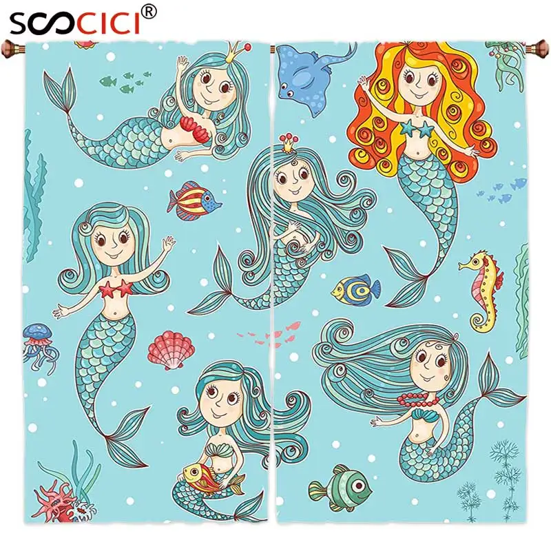 

Window Curtains Treatments 2 Panels,Mermaid Decor Cute Collection of Mermaids with Different Types of Sea Creatures Marine