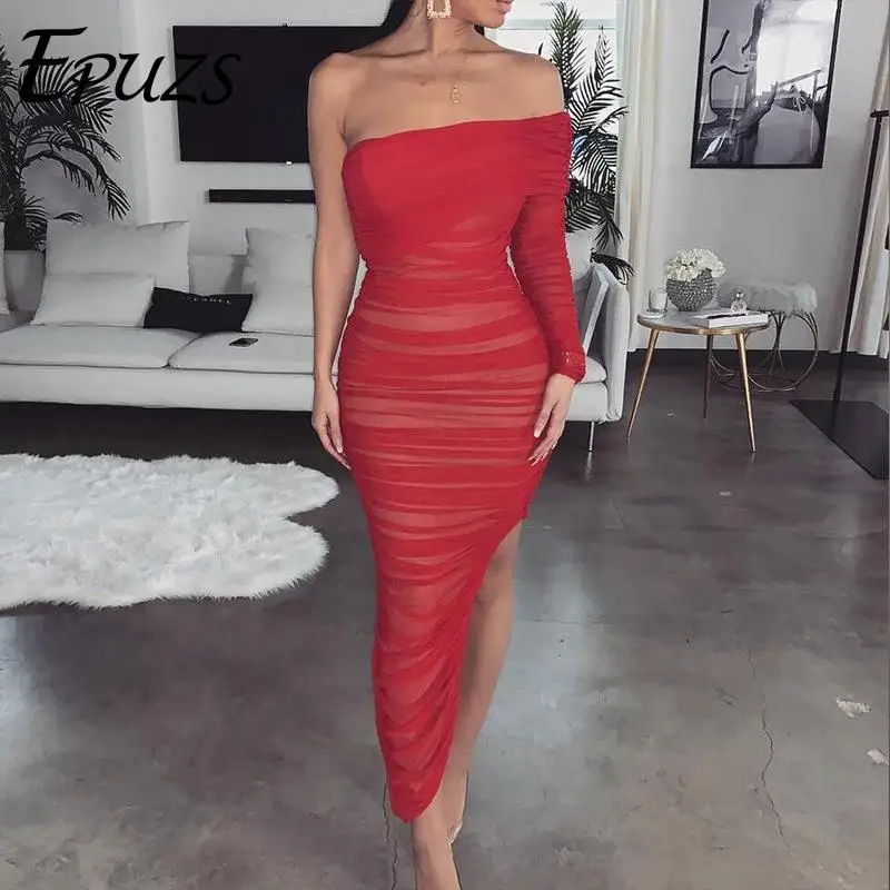 

Sexy one off shoulder mesh maxi dress women summer club party dress elegant casual red beach bandage dress lady long vestidos