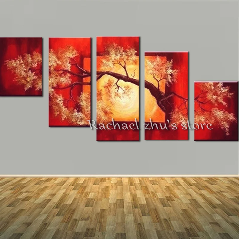 

Hand Painted Abstract Blomming Flower Tree Oil Painting On Canvas 5 Pieces Flower Tree Wall Pictures Living Room Home Decor Art