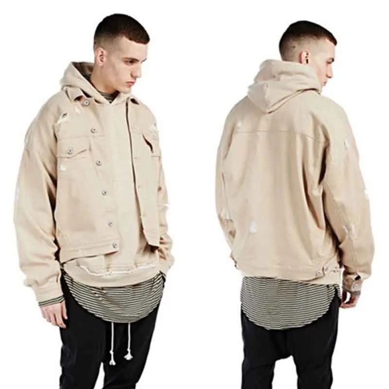 High Fashion Denim Ripped Jackets Men Beige Khaki Hip Hop Hole Jacket