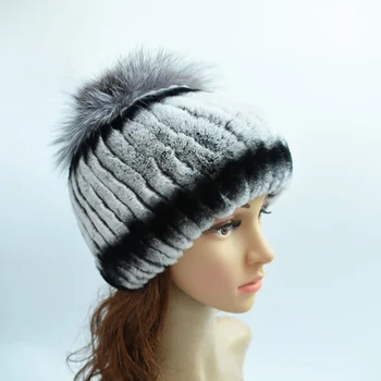 

Real fur caps winter women rex rabbit fur hat with fox fur flowers skullies knitted beanies
