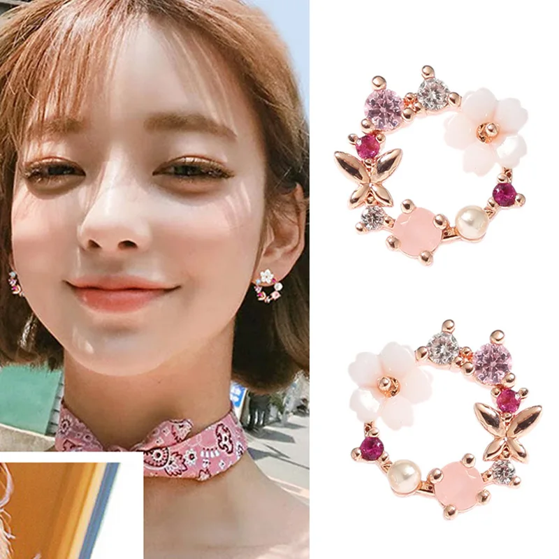

2019 New Colorful Rhinestone Wreath Stud Earrings for Women Ear clip Cute Butterfly Shell Flower Circle Boucle D'oreille Gift
