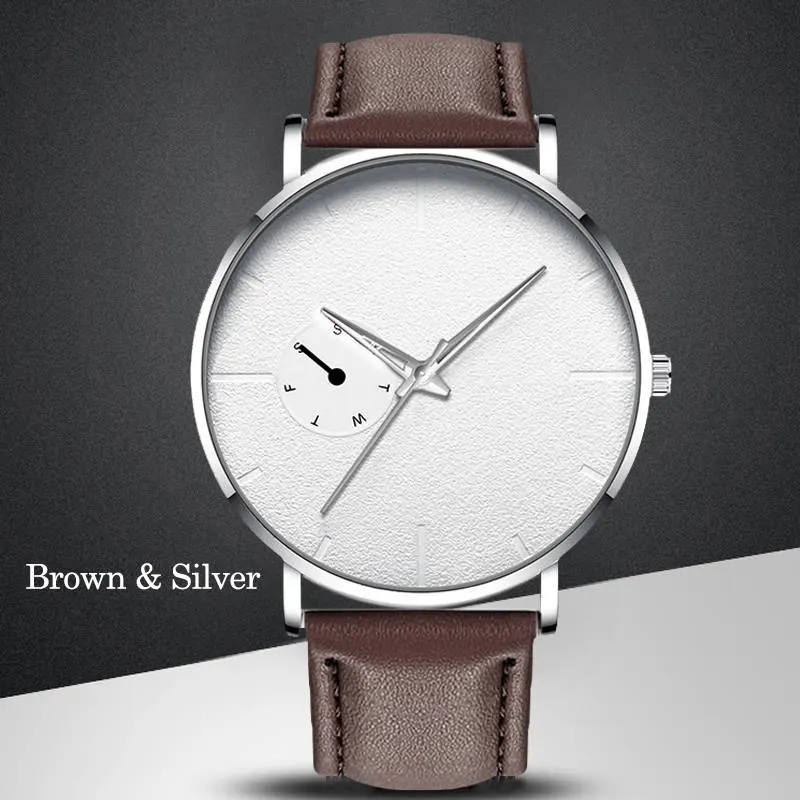 Ультра тонкие мужские часы минимализм повседневные брендовые кварцевые простые синие указатели наручные часы с кожаным ремешком деловые часы - Цвет: BrownSilver