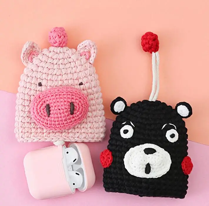 Cartoon Woolen Case for AirPods with Annti lost Strap Protective Knitted Earphone Cover Wireless Headphone Charger Silicone Bag