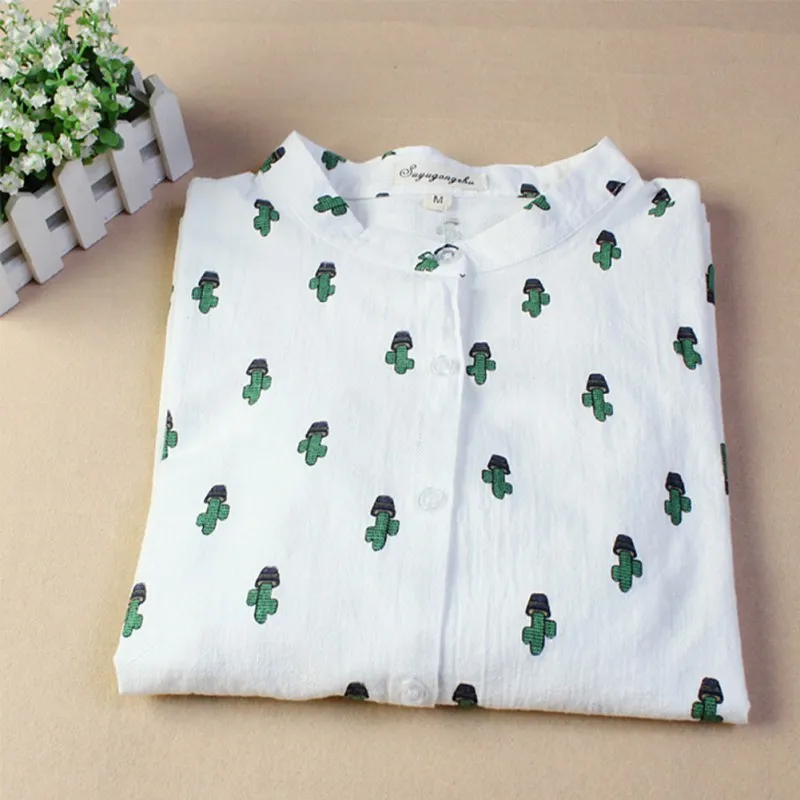 Women Fashion Blouses Long Sleeve Sweet  Shirts Cactus Printed Stand Collar Casual Leisure Tops  Blusas