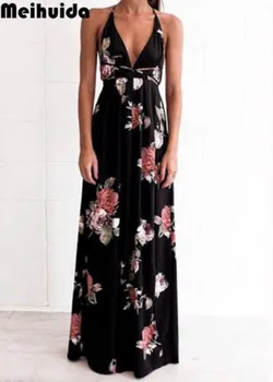 

Trendy Women dress V-neck sleeveless polyester Boho Summer Beach Party Floral print Dresses one pieces
