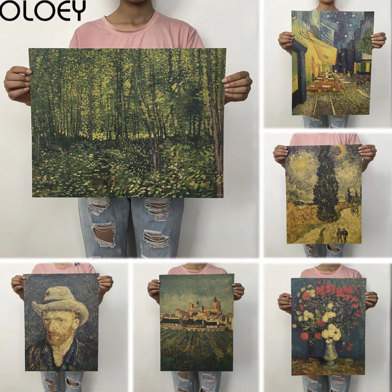 

OLOEY 1PC 51.5x36cm Retro Kraft Paper Van Gogh Series Poster Modern Abstract Art Oil Painting Bar Cafe Wall Sticker Decorative