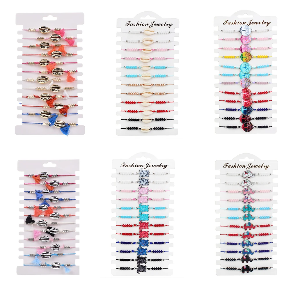 

Bohemian 12pcs/Set Shell Charms Crystal Beads Bracelets Set Adjustable Handmade Braid Tree of Life Bracelet for Women Jewelry