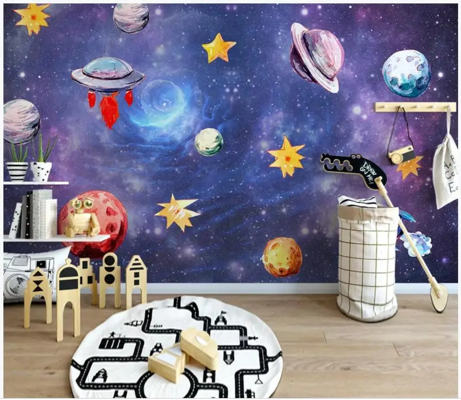 На заказ фото 3d обои ручная роспись Космос Вселенная Детская комната фон домашний Декор 3d настенные фрески обои для стен 3 d