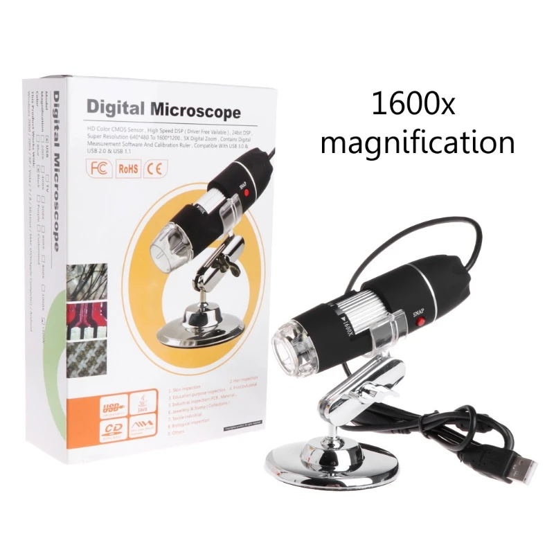 

8LED 1600x USB Digital Microscope Electronic Lens Light Biological Magnifier Endoscope Camera Video Stand