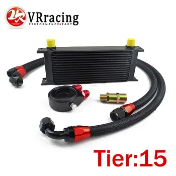 

VR - UNIVERSAL 15 ROWS OIL COOLER+OIL FILTER SANDWICH ADAPTER BLACK + SS NYLON STAINLESS STEEL BRAIDED AN10 HOSE