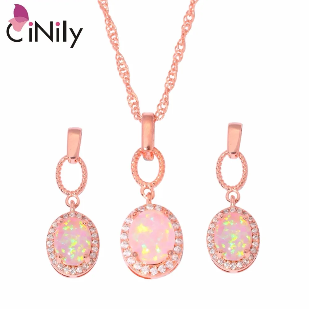 CiNily Luxury Pink Fire Opal Jewelry Set Rose Gold Color Necklaces