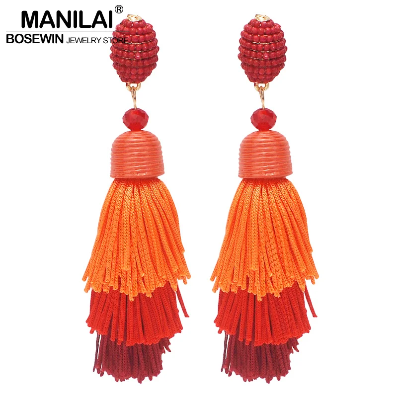 MANILAI Bohemia 3 Layered Cotton Tassel Earrings Fashion Jewelry Multicolor Statement Fringe Long Dangle Earrings For Women