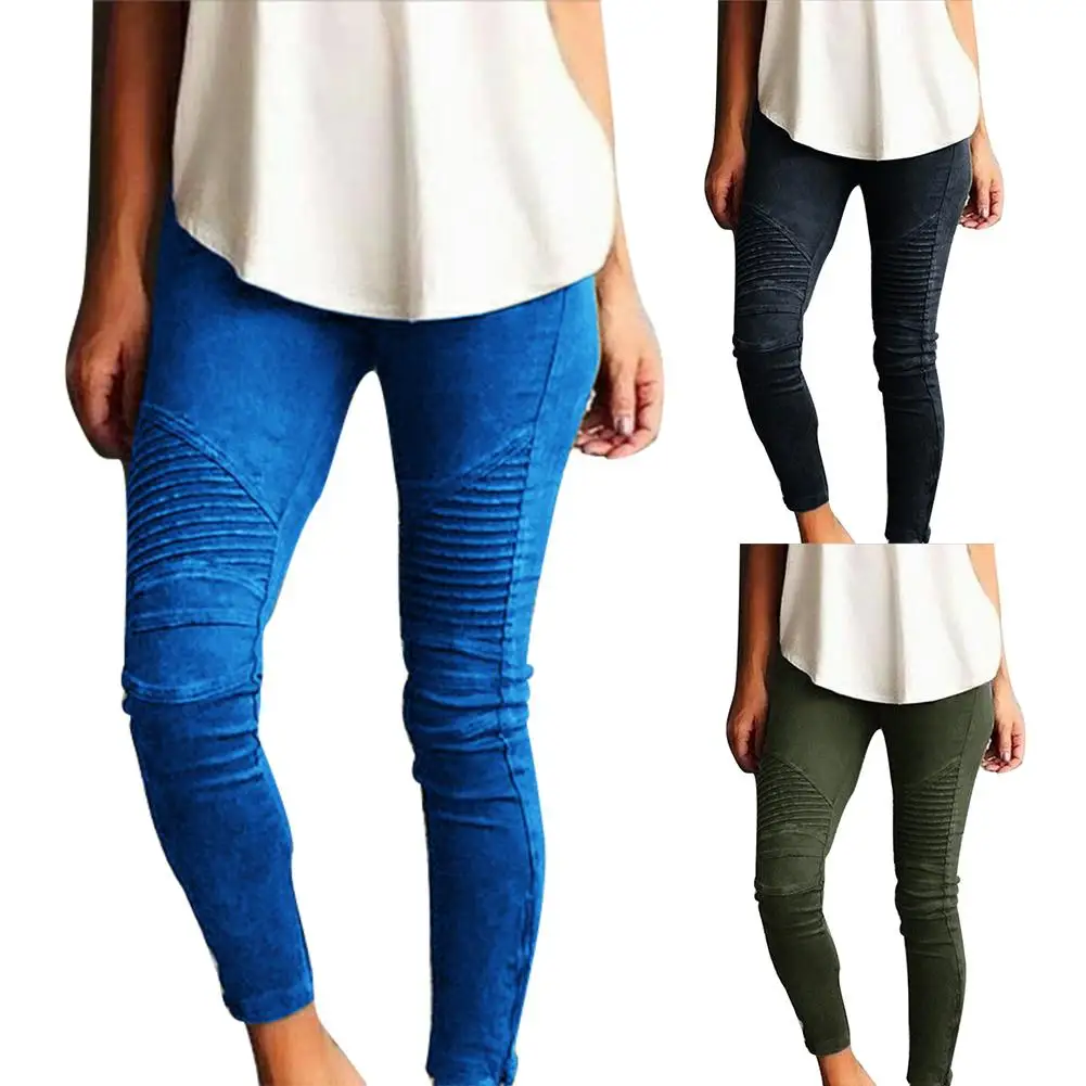 

New Fashion Solid Color Pleated Tights Women Stretch Pencil Pants Slim Trousers