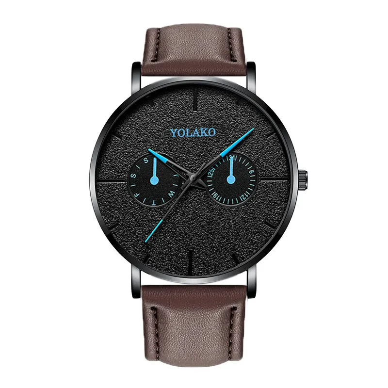 Casual Leather New Watch Blue Pointer Belt Quartz Fashion Mens Watch Yolako Male WriststWatch Clock Relogio Masculino - Color: BrownBlue