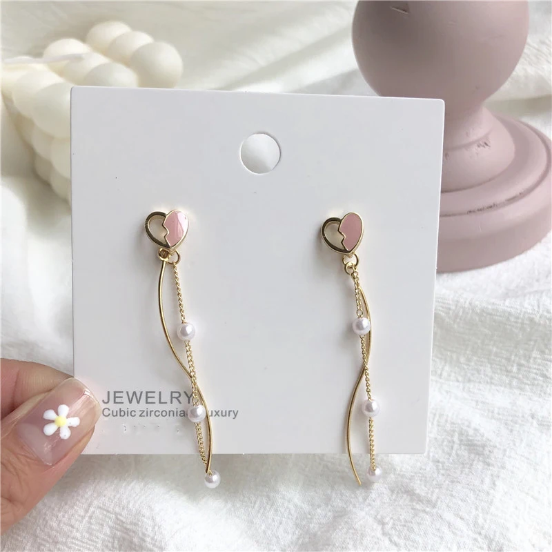 

2019 Korean Fashion Long Metal Pearl Tassel Earrings Cute Pink Heart Earrings For Women/Girl Jewelry Wedding boucle d'oreille