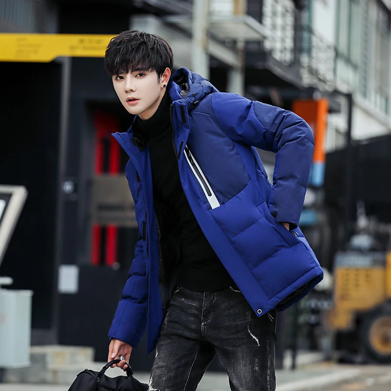 Высокое качество Мужские куртки с капюшоном на утином пуху мужские лоскутные толстые зимние пальто мужские модные пальто сохраняющие тепло верхняя одежда