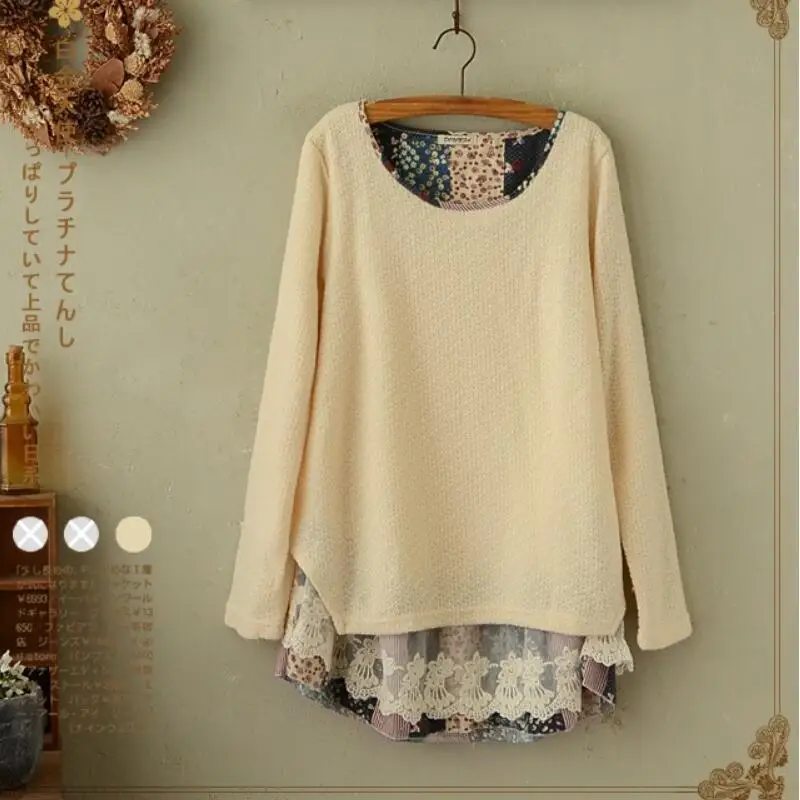 Vente Automne Blouses 2018 Nouvelle Mode Dentelle Patchwork Chemisier Tricoté Casual Chemise À Manches Longues Femmes Tops Grande Taille Blusa Feminina L 4XL