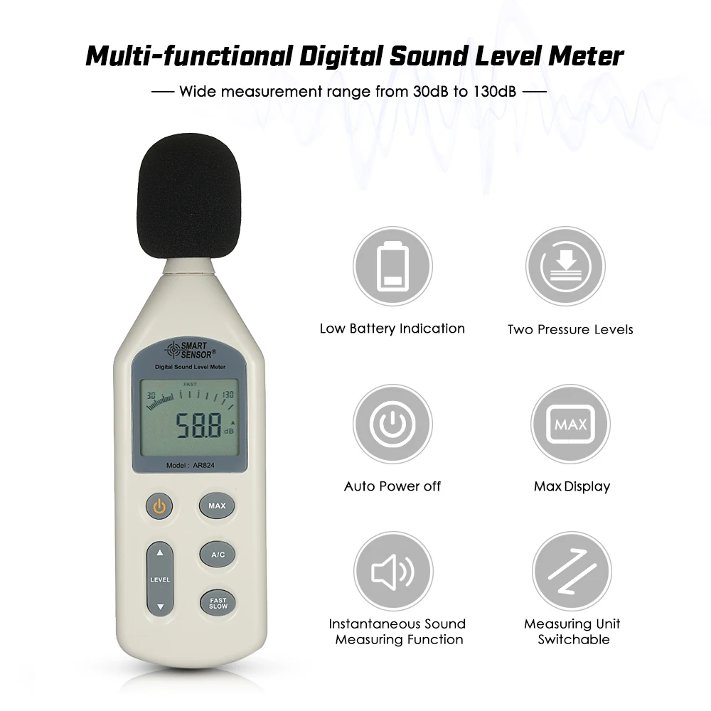 

SMART SENSOR High Accuracy LCD Digital Sound Level Meter Noise Measuring Instrument Decibel Monitoring Tester 30-130dBA