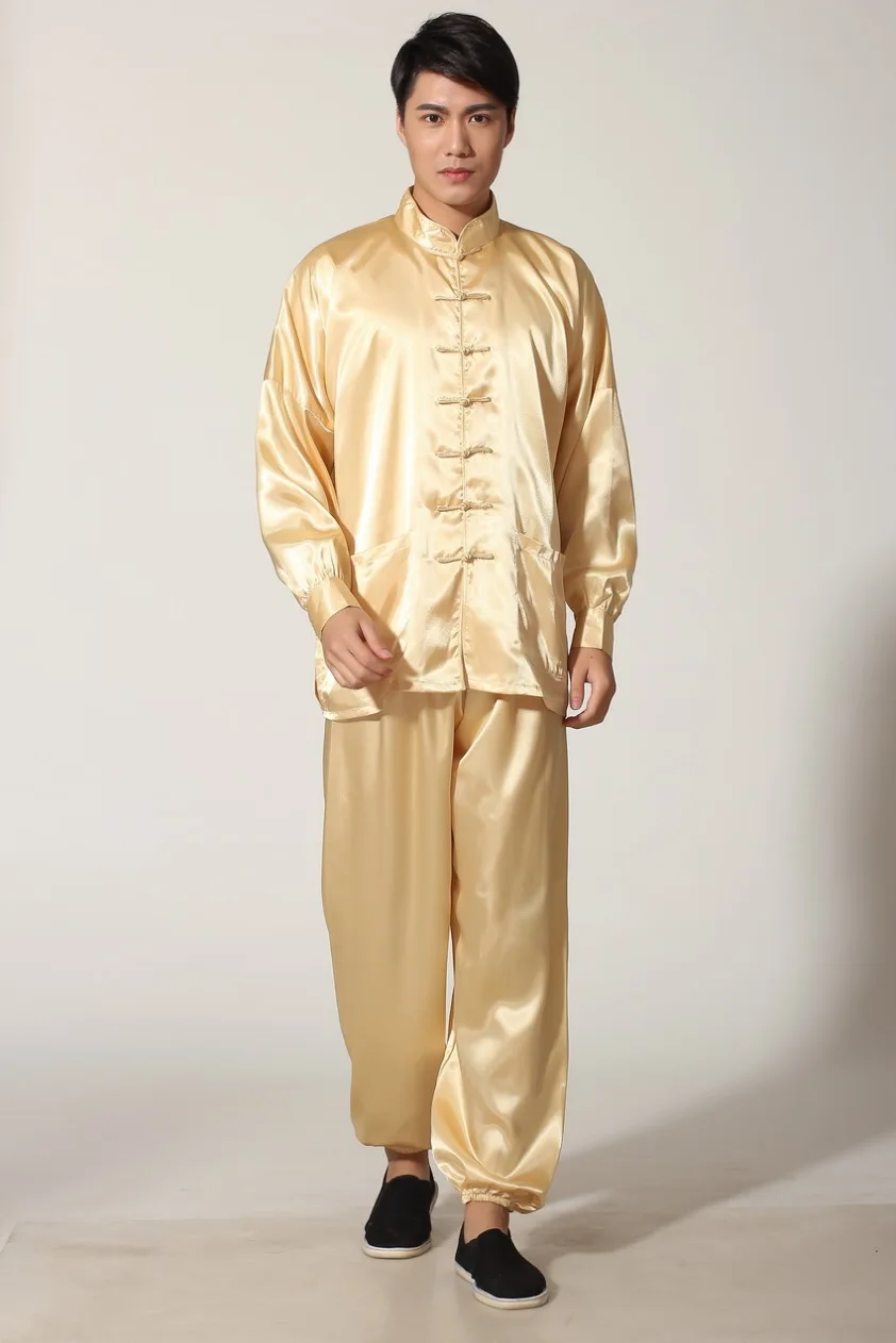 Шанхай история Весна Тай Чи Униформа мужские кунг-фу костюм традиционная одежда для кунг-фу для мужчин Боевая разрисованная куртка брюки набор - Цвет: Золотой