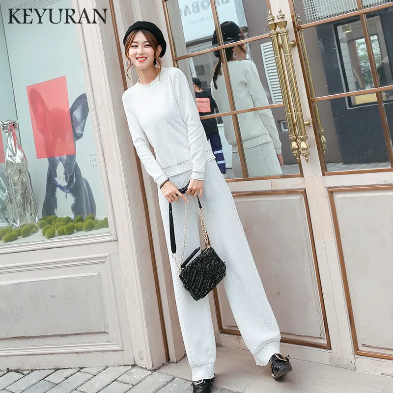 

2019 new cashmere cotton wool blend thick knit women fashion sweatshirts tracksuit pullover wide leg pant 2pcs set White Black