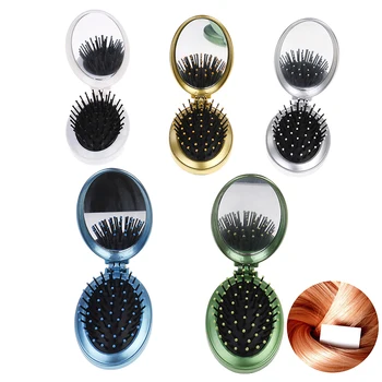 

Small Size Portable Round Pocket Travel Massage Folding Comb Girl Hair Brush With Mirror Styling Tools 5 Colors