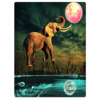 

Blanket plaid Warmth Soft Plush Easy Care Machine Wash Abstract Elephant Red Moon Lake Reflection Plaids on the Sofa Bed Throw