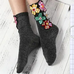 Ручной работы Красивые Цветочные Блеск хлопковые носки Для женщин Обувь для девочек Высокая Носки для девочек цветы Вышивка Нашивки Носки