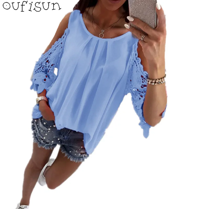 

Oufisun Summer Fashion Sexy Lace Patchwork O-Neck Women's T-shirt 2018 New Casual Short Sleeve Top Solid Color Loose T-Shirt