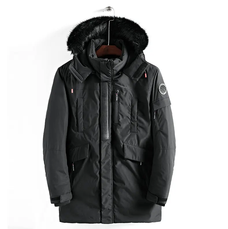 Новые зимние повседневные длинные стильные меховые куртки с капюшоном на хлопковой подкладке Мужская Толстая шляпа ветрозащитная модная мужская парка карманы пальто - Цвет: Черный