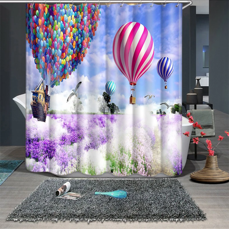 3d Lavender Romantic Hot Air Balloon Pattern Shower Curtains Bathroom