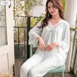 2019 Мягкие Модальные кружевные женские пижамы наборы весна осень винтажные милые женские белые милые пижамы с длинным рукавом пижамы 8168