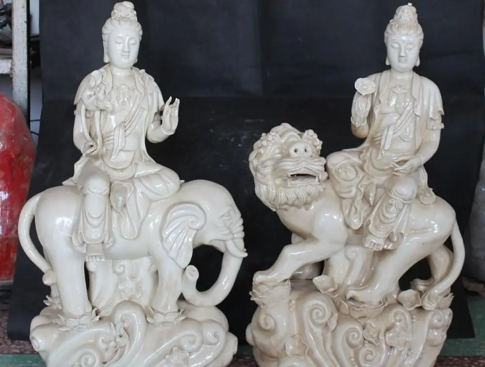 

22"Chinese Dehua Porcelain Wenshu Puxian Kwan-yin Ride Elephant Lion Statue Pair