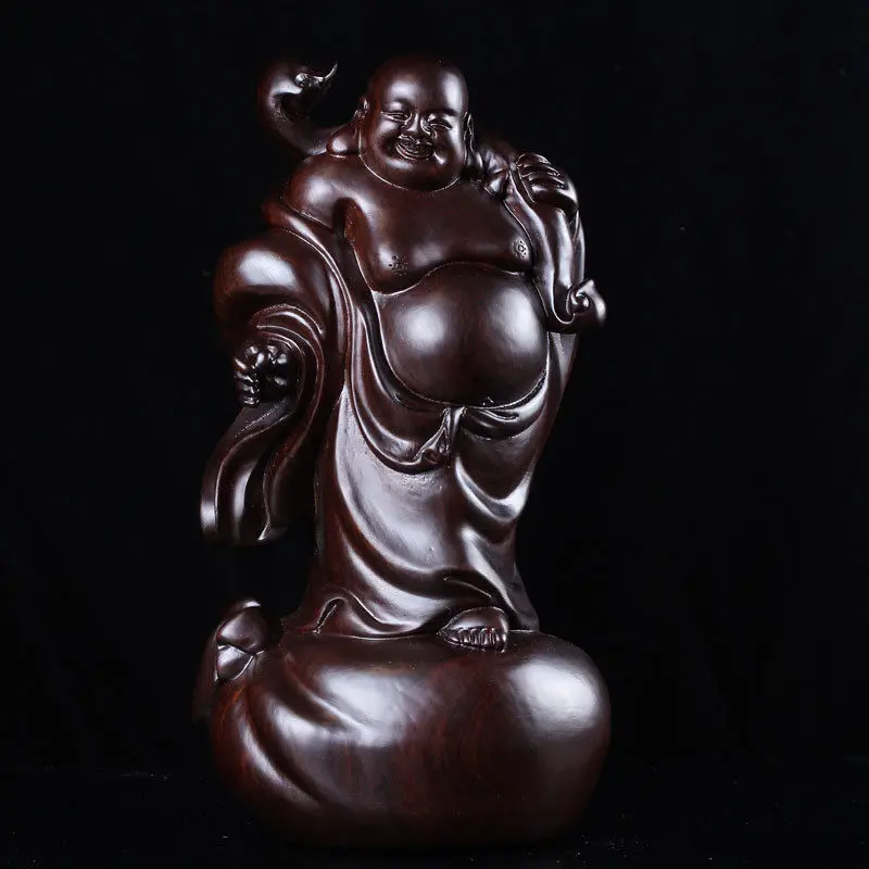 

China Ebony Wood Carving Stand Happy Laugh Maitreya Buddha Hold Ruyi Statue