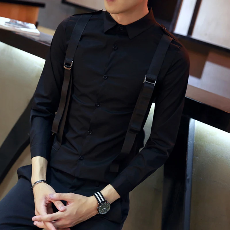 Men's shirt cotton solid color work casual Full sleeve Formal Personality strap nightclub shirt
