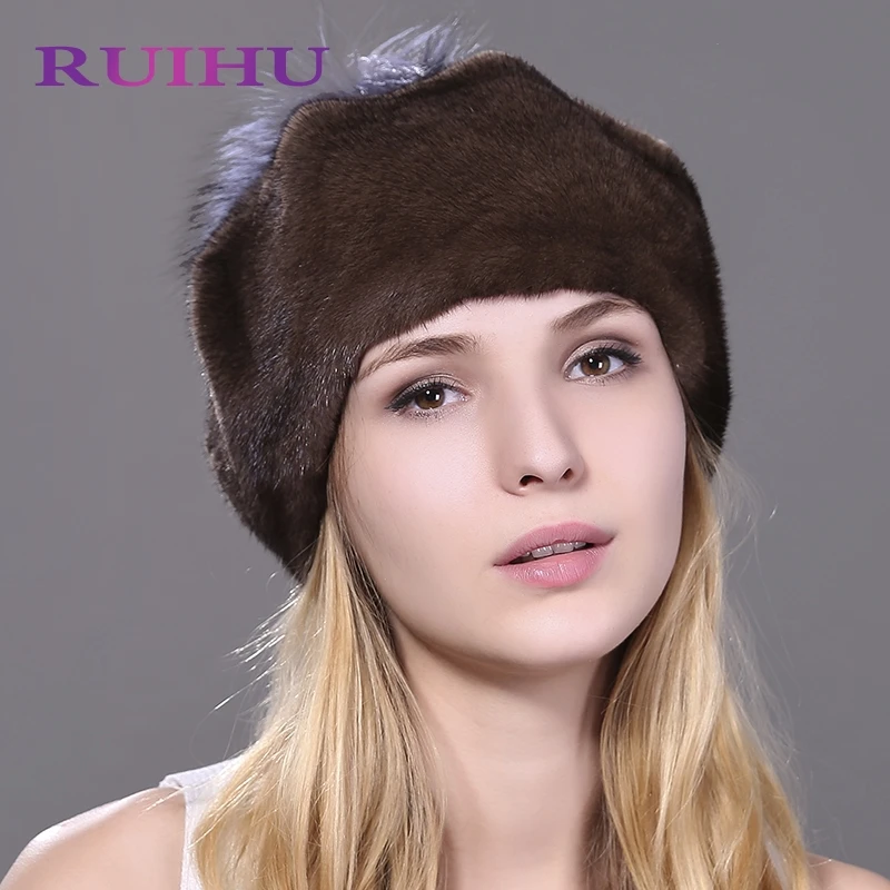 RUIHU Women Hat Silver Fox Pom Poms+Real Mink Fur Hats For Female Black Brown Red Solid Winter Cap Beanies Mujer Gorros RHM704
