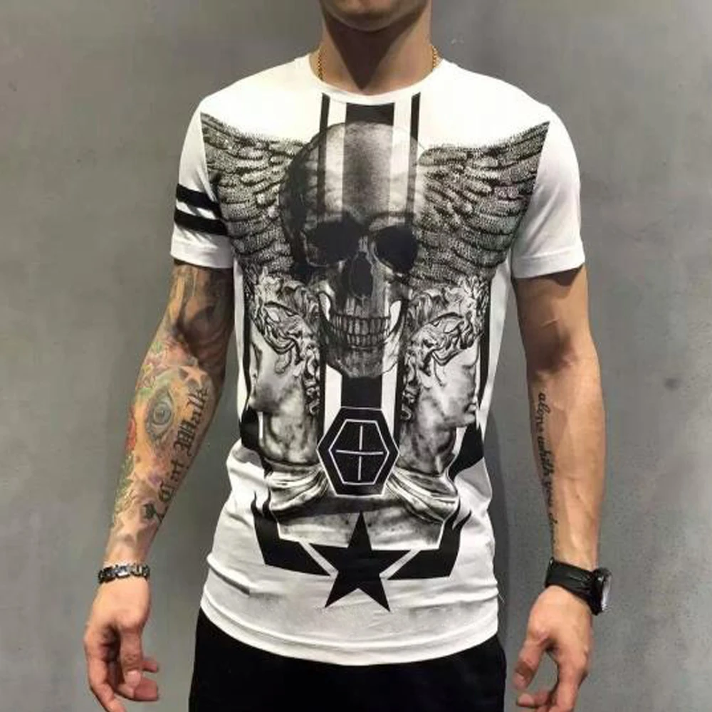 

PPFRIEND 2020 Summer Short T shirt Men Brand Clothing High Quality Cotton Male T-shirt Rhinestone Skull Tshirt Men Tee shirts