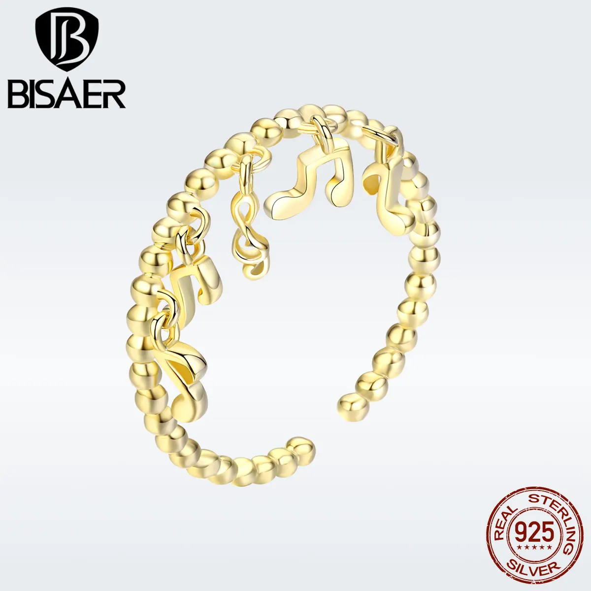 

BISAER Gold Color 925 Sterling Silver Music Notes Open Finger Rings Adjustable Cocktail Ring for Women Party Gifts GXR489