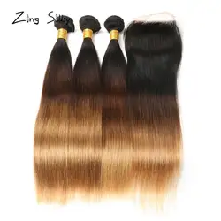 Омбре прямые волосы плетение перуанские человеческие волосы пучки с закрытием 1B 4 27 Remy пучки волос наращивание Zing шелковистые волосы