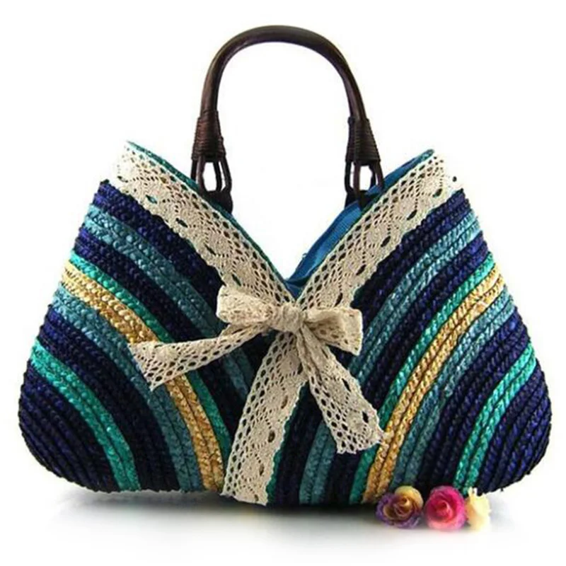 

Casual Fashion Bow Rainbow Stripes Lace Bow Bag New Straw Bag