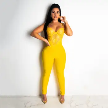 

Sexy Spaghetti Strap Backless Patchwork Lace Jumpsuits for Women Streetwear Elegant Hollow Out Bodycon Rompers One Piece Outfits