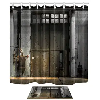 

Wooden Door Decor Interior of an Old Factory Building Mildew Resistant Shower Curtain Suit With Floor Doormat Bath Rugs