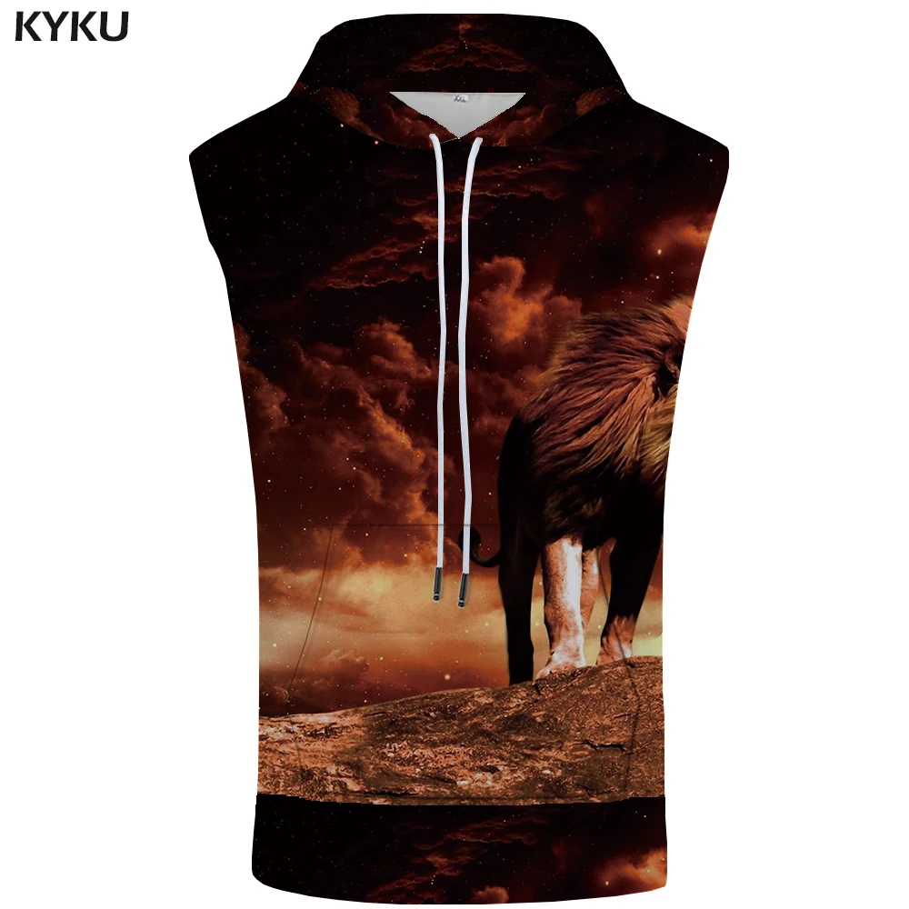 KYKU Лев с капюшоном майка для мужчин животных жилет Стрингер горное пространство 3d печатных без рукавов толстовка облако Фитнес Мужская s одежда