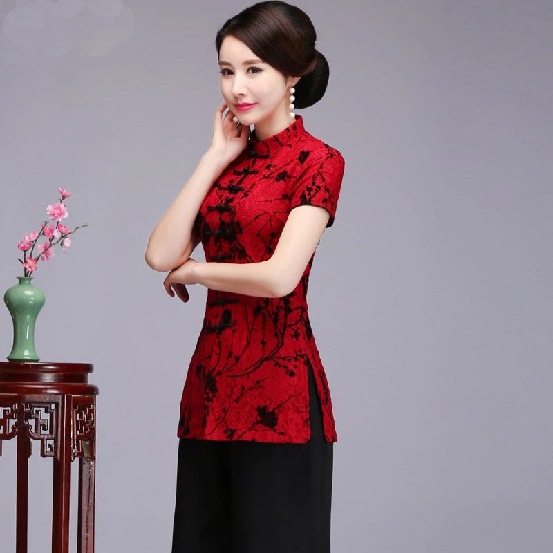 Женская рубашка с коротким рукавом, Сексуальные Красные кружевные топы с воротником «Мандарин» в китайском стиле, свадебная блузка для мамы, лето, большие размеры